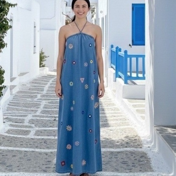 Zara Dresses & Skirts - Zara Maxi Dress Womens S Blue Denim Embroidered Floral Halter Smocked Back Boho